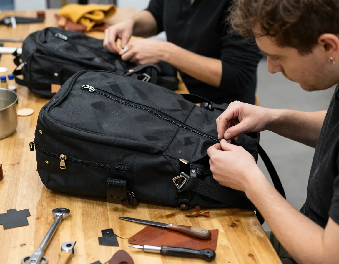 Bag and backpack repair workshop with craftspeople at work on zippers and straps